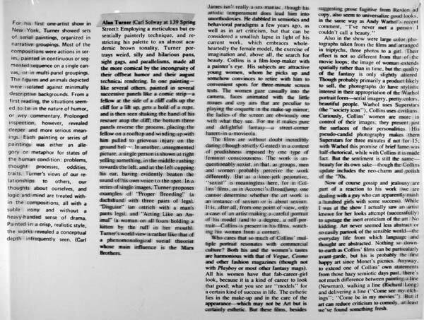 Copy of Portion of review of Alan Turner used in producing silkscreen of review, part of "Reviews"