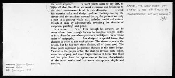 Lower Portion of Review of Gordon Brown Review of Yaacov Agam, part of "Reviews"