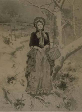 Woman with Basket Walking in Snowy Woods