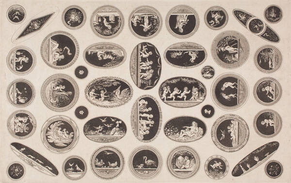 Sheet of 42 designs for buttons and/or plaques for boxes