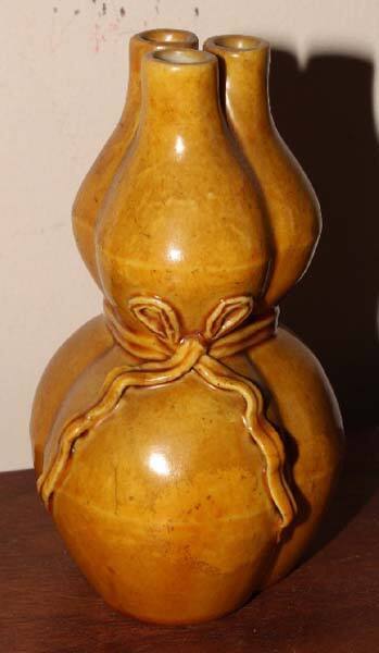 Chinese- Kangxi Yellow-glazed Triple Spout Double- Gourd Vase