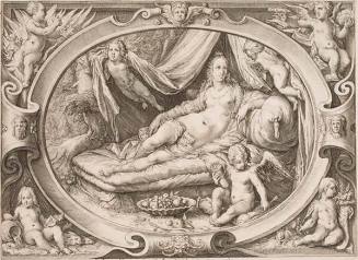 Venus reclining on a couch while Cupid fills his quiver with arrows