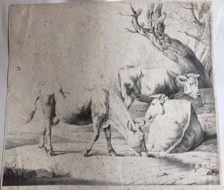 Drei Rinder auf der Weide, rechts zwei Baumstämme, in der Art Potters