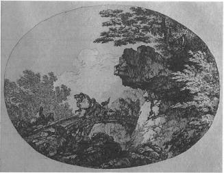 Landscape in Oval with Travelers Resting on a Bridge