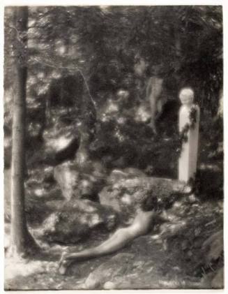 Two Nude Figures and a Statue in the Woods