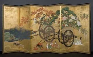 Folding Screen with Two Flower Carts, Children and Noblemen (Hanaguruma zu byobu)