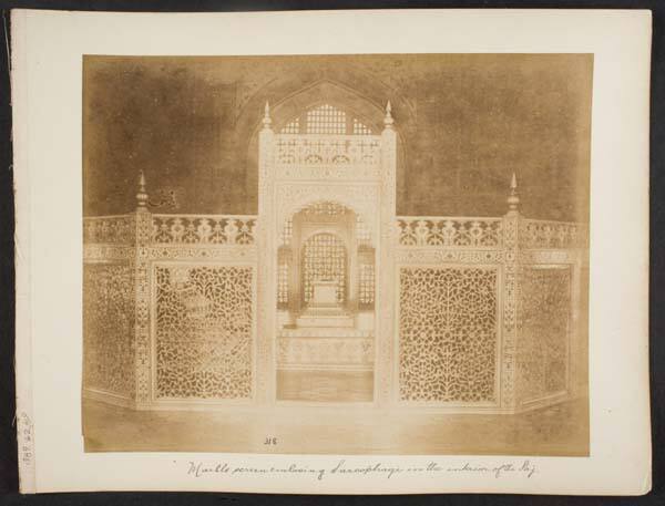Marble screen enclosing sarcophogi in the interior of the Taj, from "Travel Album"