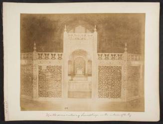 Marble screen enclosing sarcophogi in the interior of the Taj, from "Travel Album"