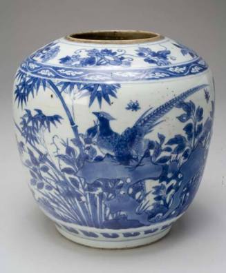 Jar with birds, rocks, flowers and bamboos