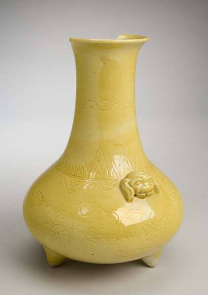 Yellow Glazed Tripod Vase with lion heads