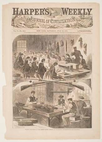 Filling Cartridges at the United States Arsenal, at Watertown, Massachusetts, published in "Harper's Weekly," July 20, 1861, cover