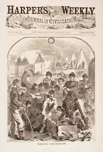 Christmas Boxes in Camp--Christmas, 1861, published in "Harper's Weekly," January 4, 1862, cover