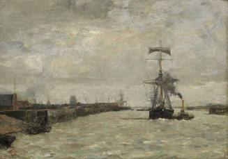 Untitled (Harbor Scene with Ship and Tugboat)