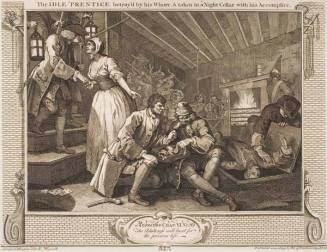 The Idle 'Prentice Betray'd by his Whore and taken in a Night Cellar with his Accomplice, plate 9 from the series "Industry and Idleness"